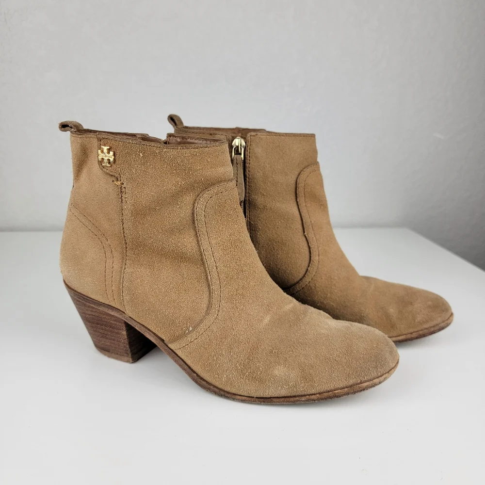 Tory Burch Suede Leather Side Zip Booties Congac Brown 9